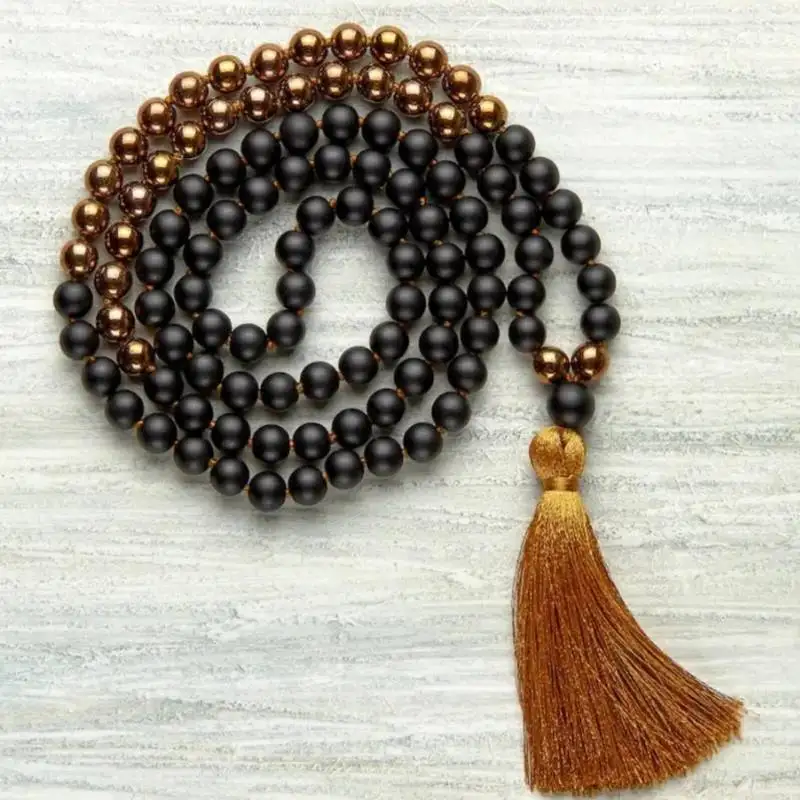 

Natural Matte Black Obsidian 108 Beads Mala Necklace with Gold Spacer & Gold Tassel Healing Crystal Jewelry