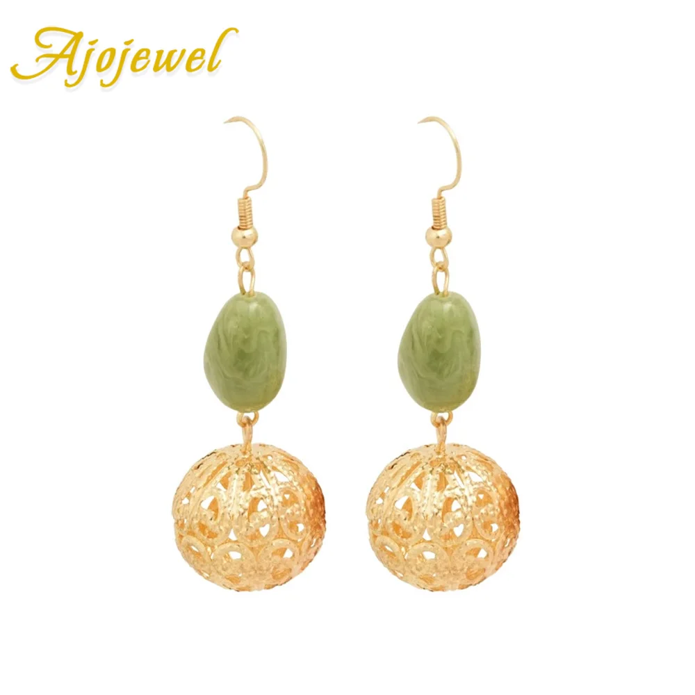 

Metal Hollow Ball Dangle Earrings For Women With Green Resin Stone Chinese Vintage Style Jewelry