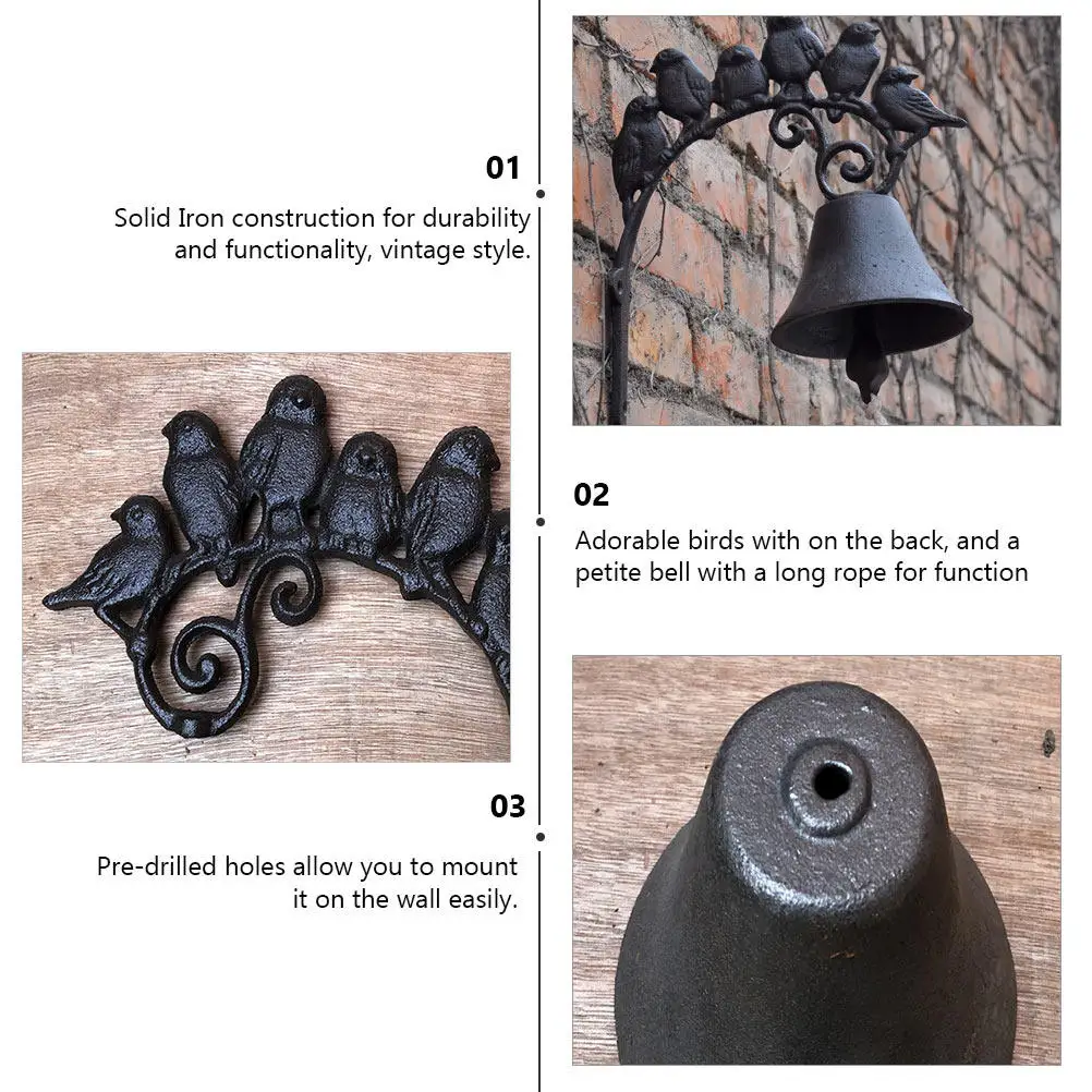 Vintage Cast Iron Wall Bell with Adorable Birds and Petite Bell Rope Solid Iron Construction for Indoor Outdoor Decor Rustic
