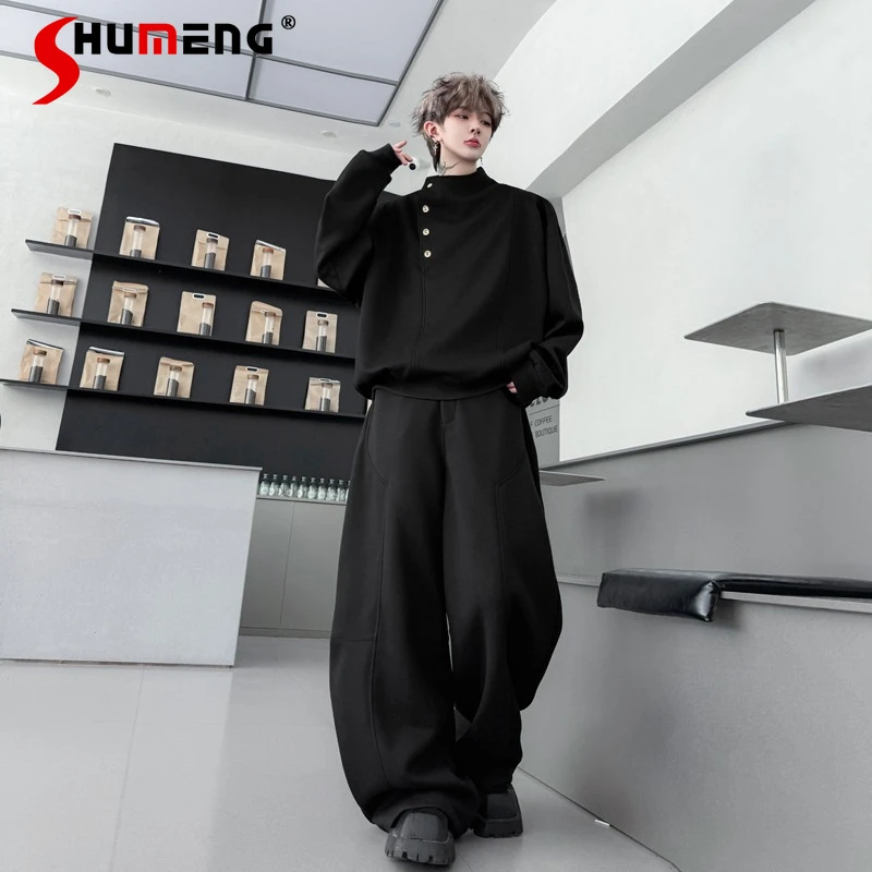 

Осень 2023, новая мода, комплекты свитшотов с высоким воротником и пуговицами, мужские простые стильные широкие длинные брюки, однотонные комплекты