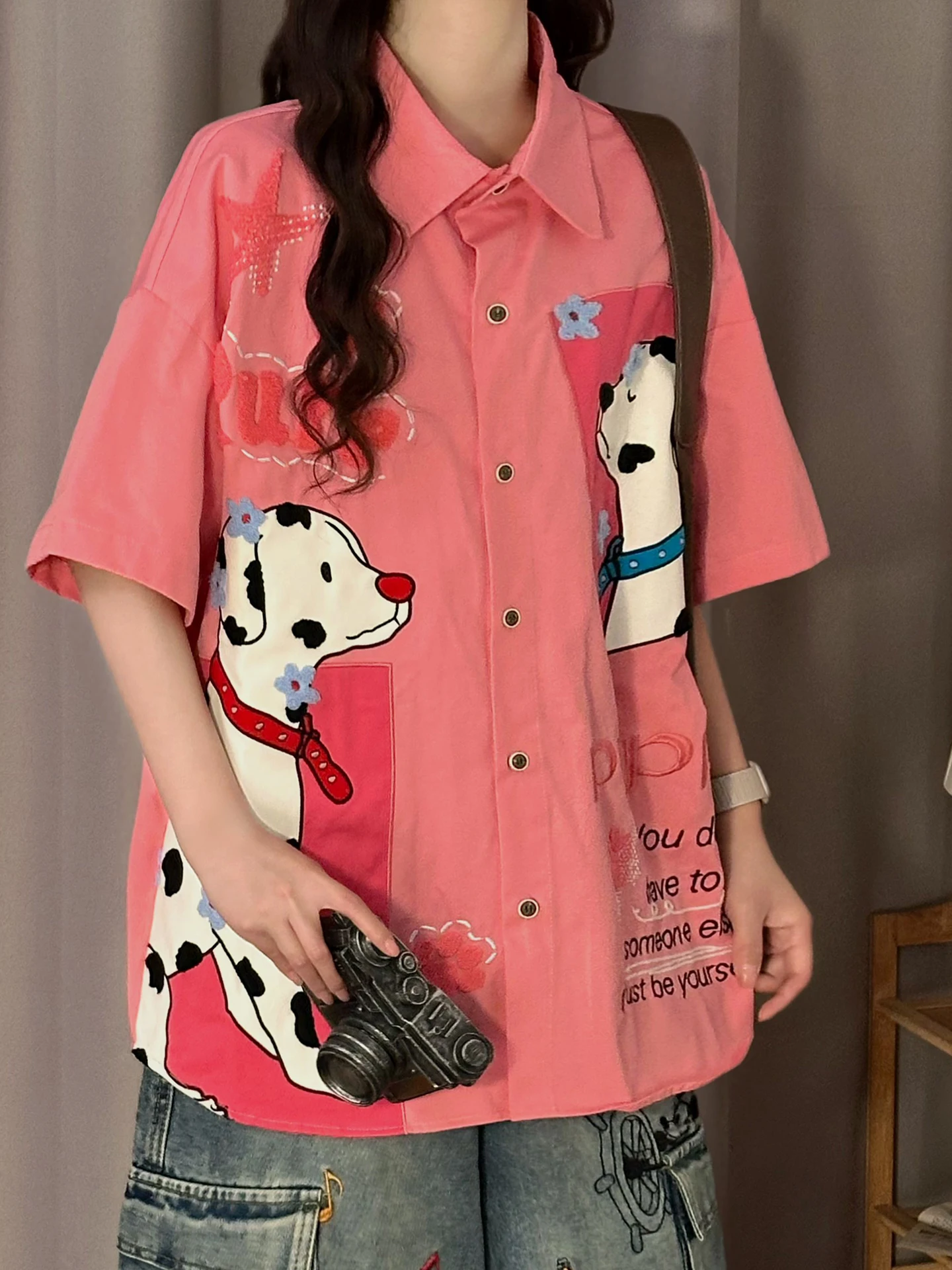 

SOLDOUT Original American Cartoon Dog Embroidery Color Block Short Sleeve Loose Women's Shirt Summer Fashionable Cotton Blouse