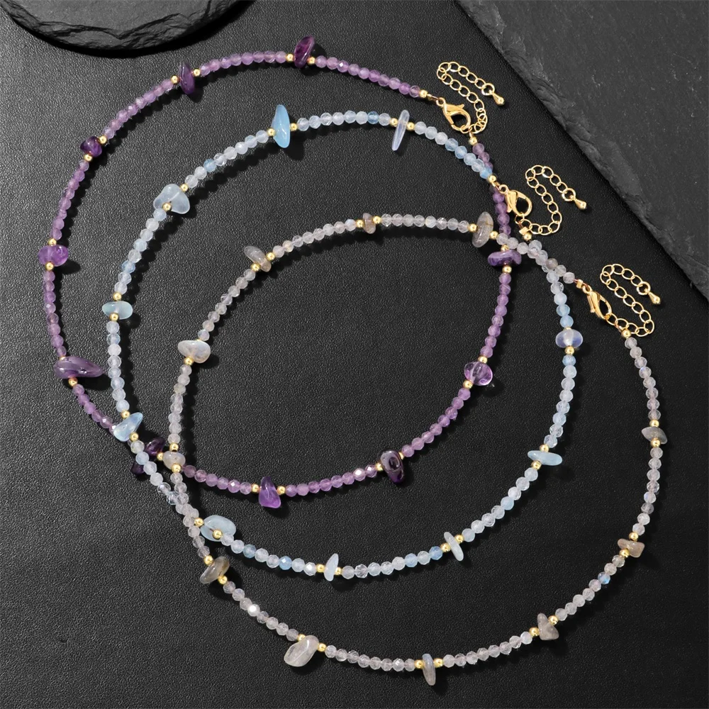 Boho 3mm Natural Amethyst Beaded Necklace Irregular Rose Quartz lapis lazuli Choker Adjustable Chain Women Fashion Jewelry Gift