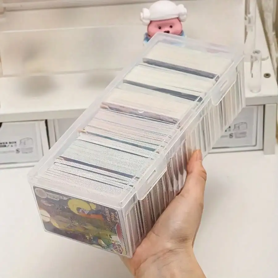 Eine PET-Kunststoff-Aufbewahrungsbox mit 6 Fächern, Trennwänden und Klappdeckel, geeignet zum Ordnen von Visitenkarten. – Detail 7