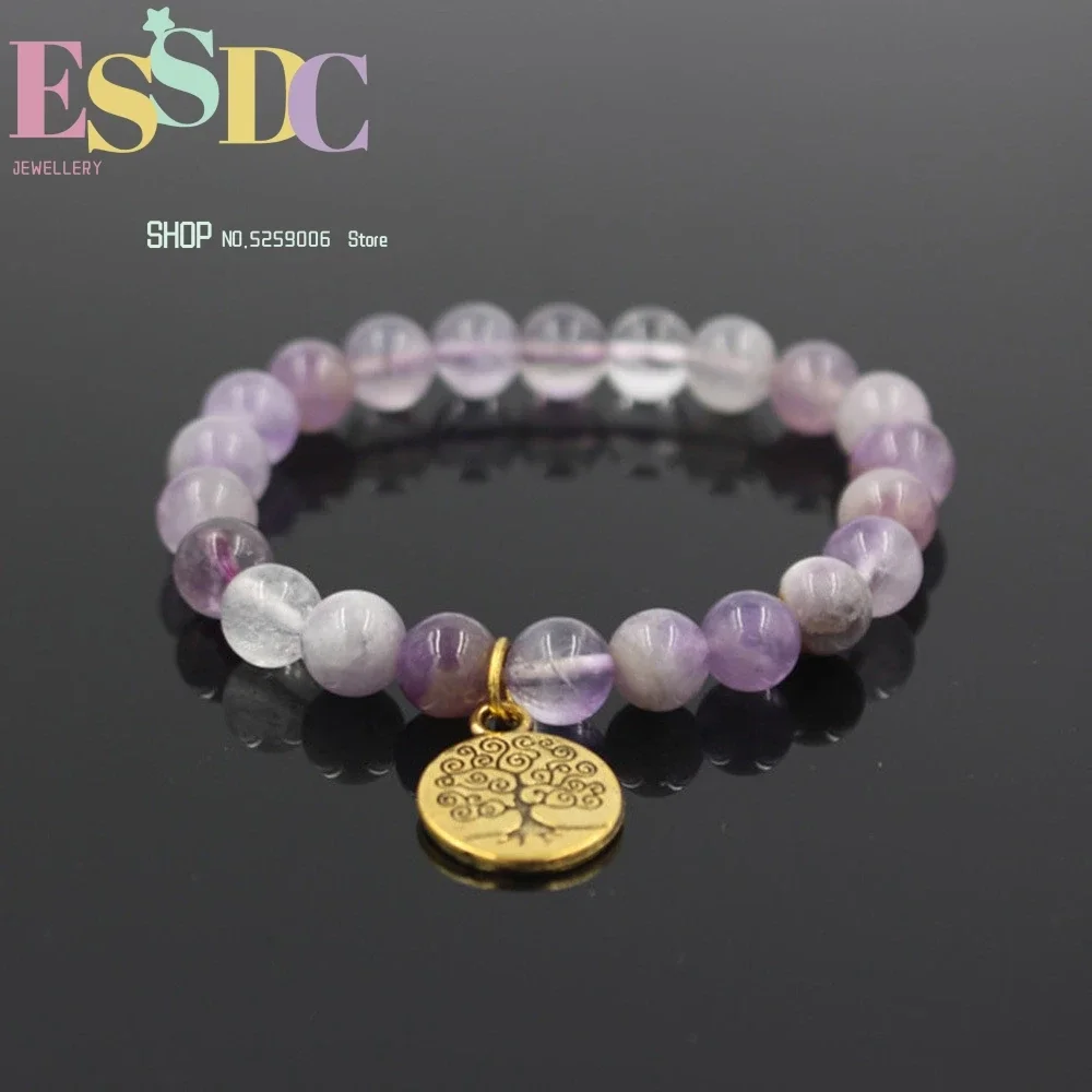 

Wholesale 8mm Natural Light Purple Crystal Beads Alloy Tree of Life Pendant Energy Stone Bracelet DIY Women's Yoga Jewelry