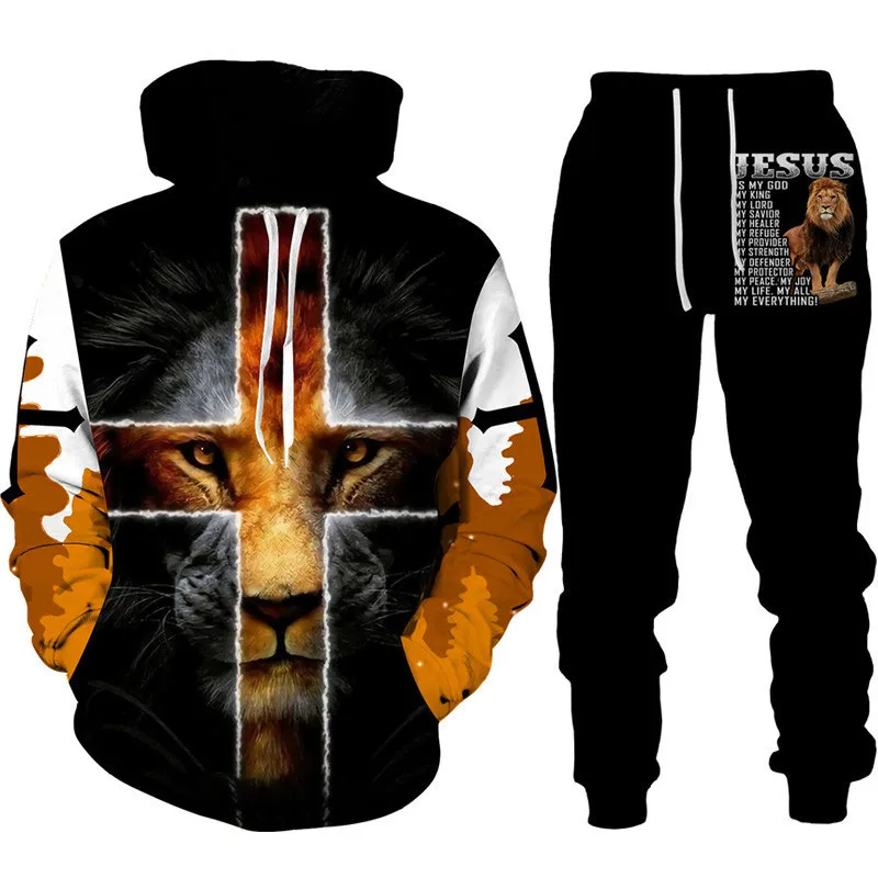 Two Piece Set Christian Bible Faith Jesus God Men\'s Hoodie/Suit Cool 3D Lion Printed Streetwear Couple Clothes Jogging Tracksuit