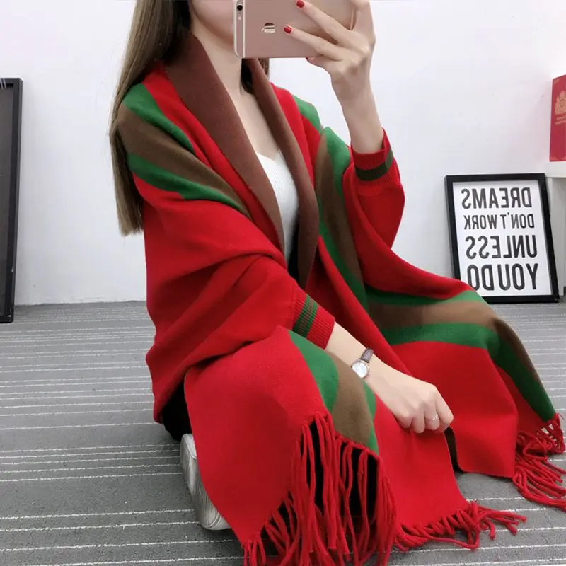 Mid-Length Korean Sweater for Women Trendy Loose Knitted Cardigan Batwing Shirt Thickened Cape Inverness Autumn New