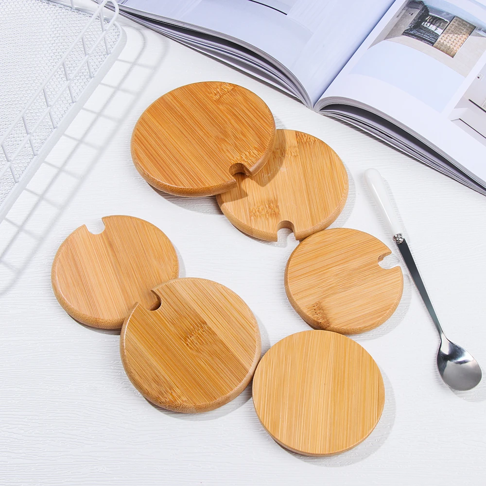 Various Sizes Natural Wood Lid With Spoon Hole Wooden Lids Mason Jar Cap Can Mug Cover Seasoning Bottle Kitchen Organization