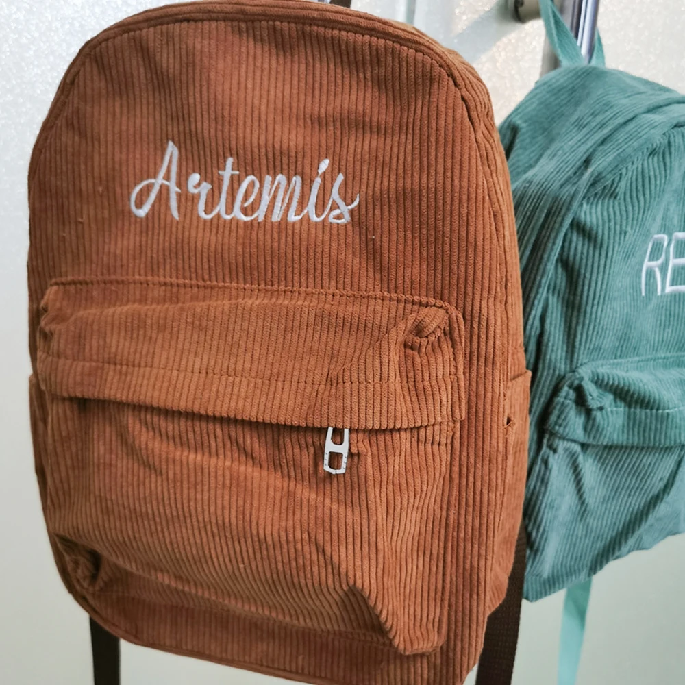 Personalized Embroidered Name Corduroy Bag Custom Student Backpack Large Capacity Solid Color Gift Schoolbag for Boys Girls