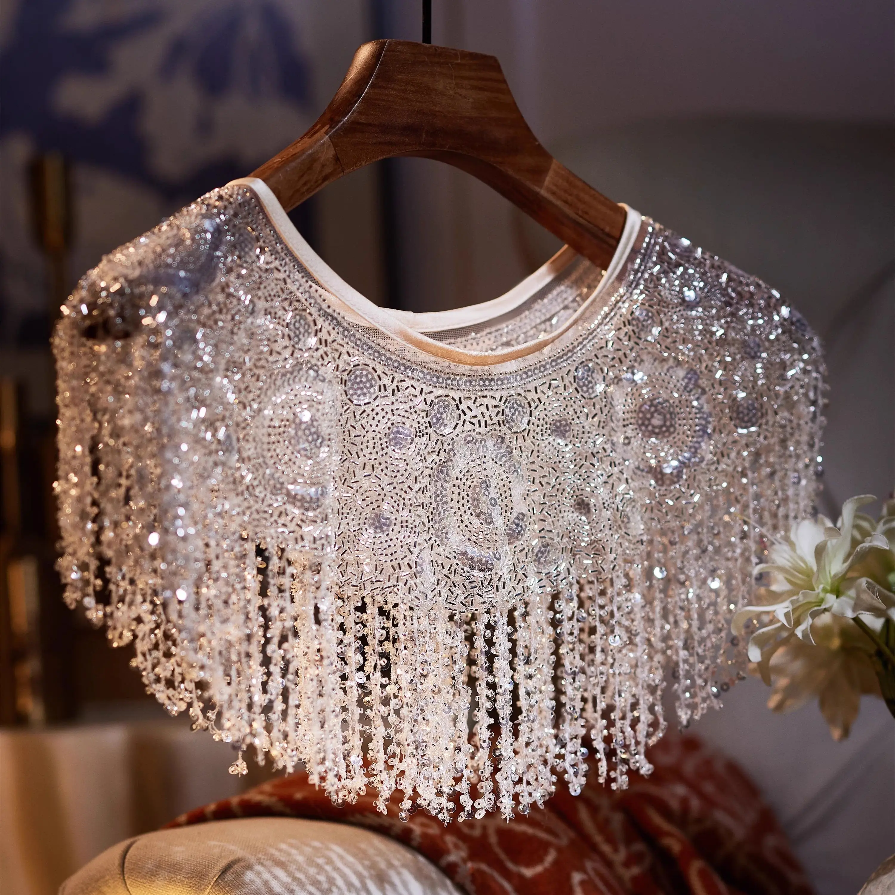 Women's Shiny Silver Beaded Luxury Mesh Tassel Pashmina Female Spring Autumn Vintage  Shawl Cloak Collar R2343