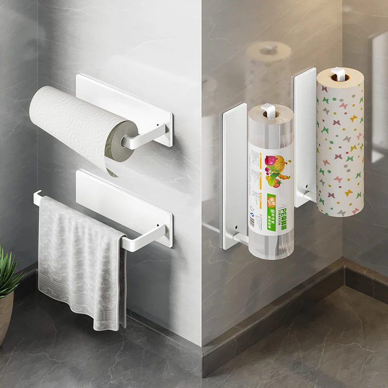 Punch-free Paper Towel Hanger Roll Paper Holder Fresh Film Storage Rack Wall Hanging Shelf Kitchen Accessories