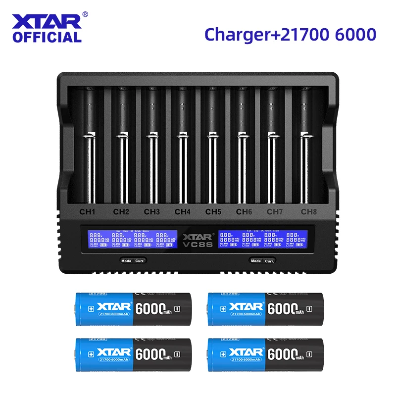 XTAR VC8S Charger + 8×18650 4000mAh/21700 6000mAh Combo Full Kit 8-Slot Fast Charging & Capacity Test & Storage Mode