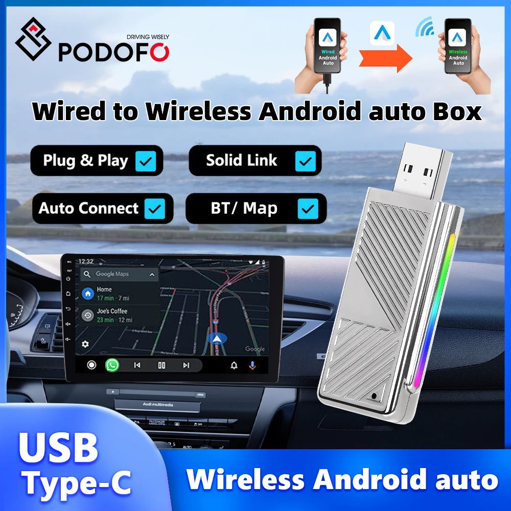 

Podofo Wired To Wireless Android Auto Box Android Auto Adapter Voice Assistant USB/Type-C Bluetooth WIFI Bluetooth Android Auto