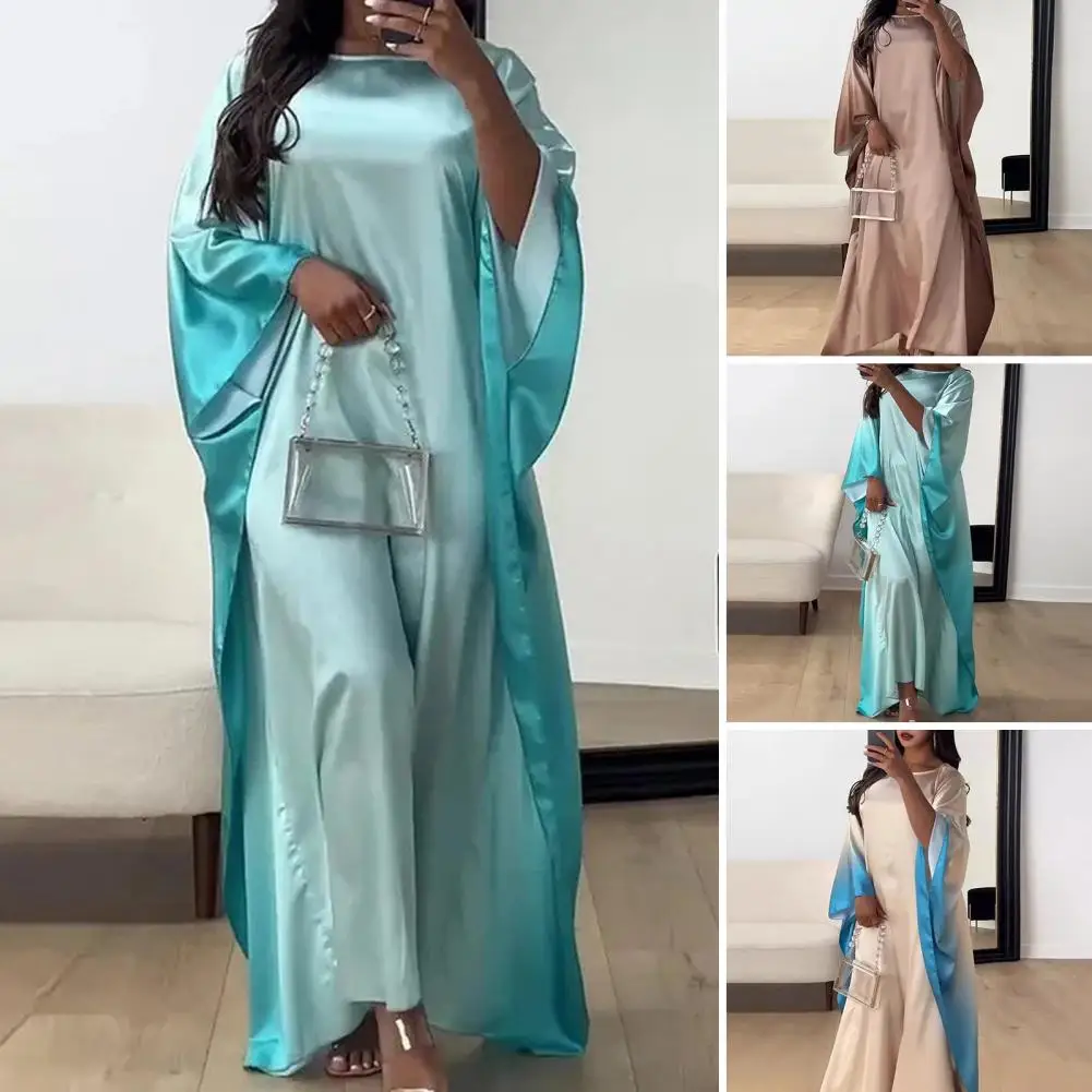 

Women Round Neck Long Dress Women Loose Fit Attire Ethnic Style Maxi Dress with Bat Sleeves Gradient Color for Fall Spring