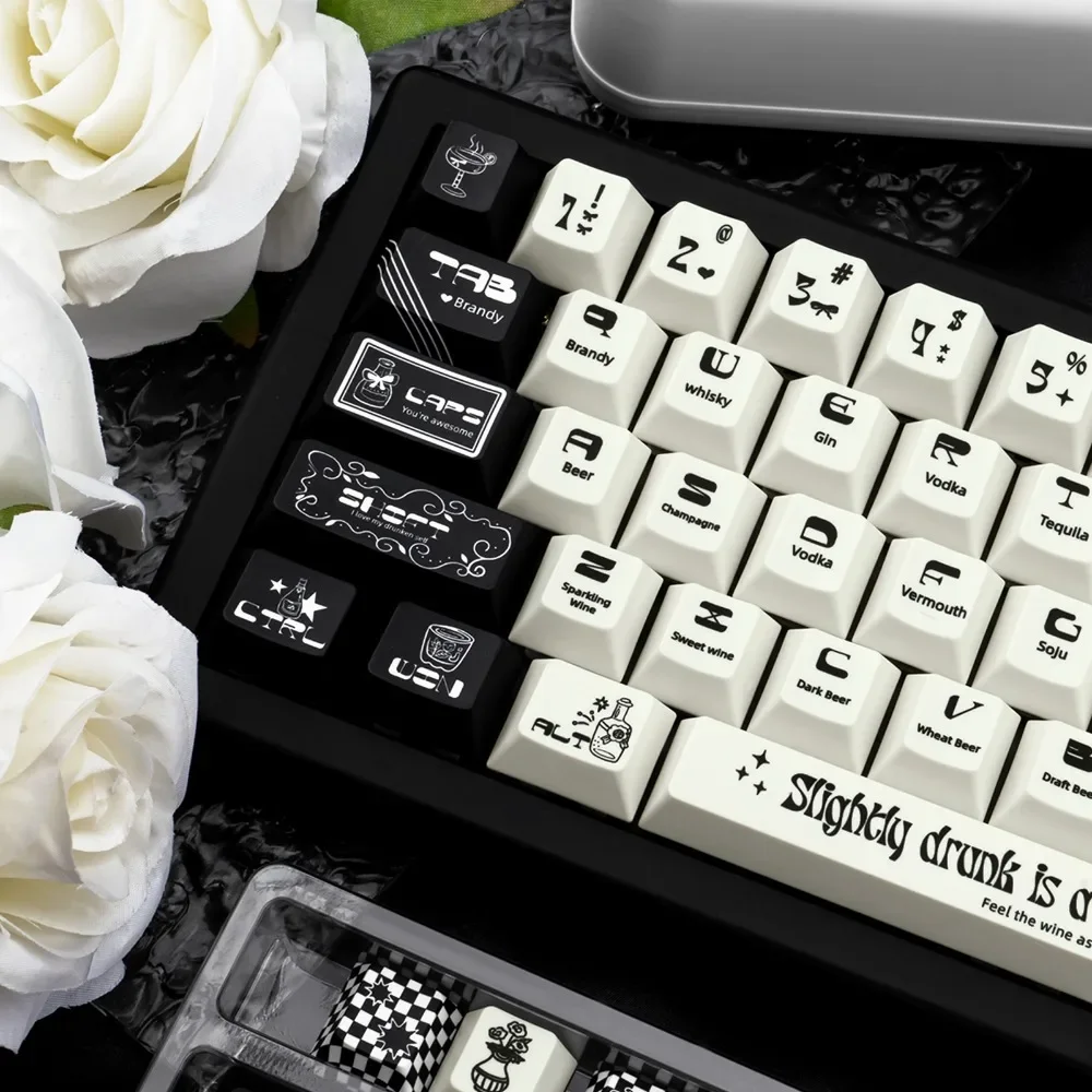 Slightly Drunk Theme Keycap Set 151Key PBT Custom Black White Keyboard Cap Cherry Profile Gaming Key Cap for Mechanical Keyboard