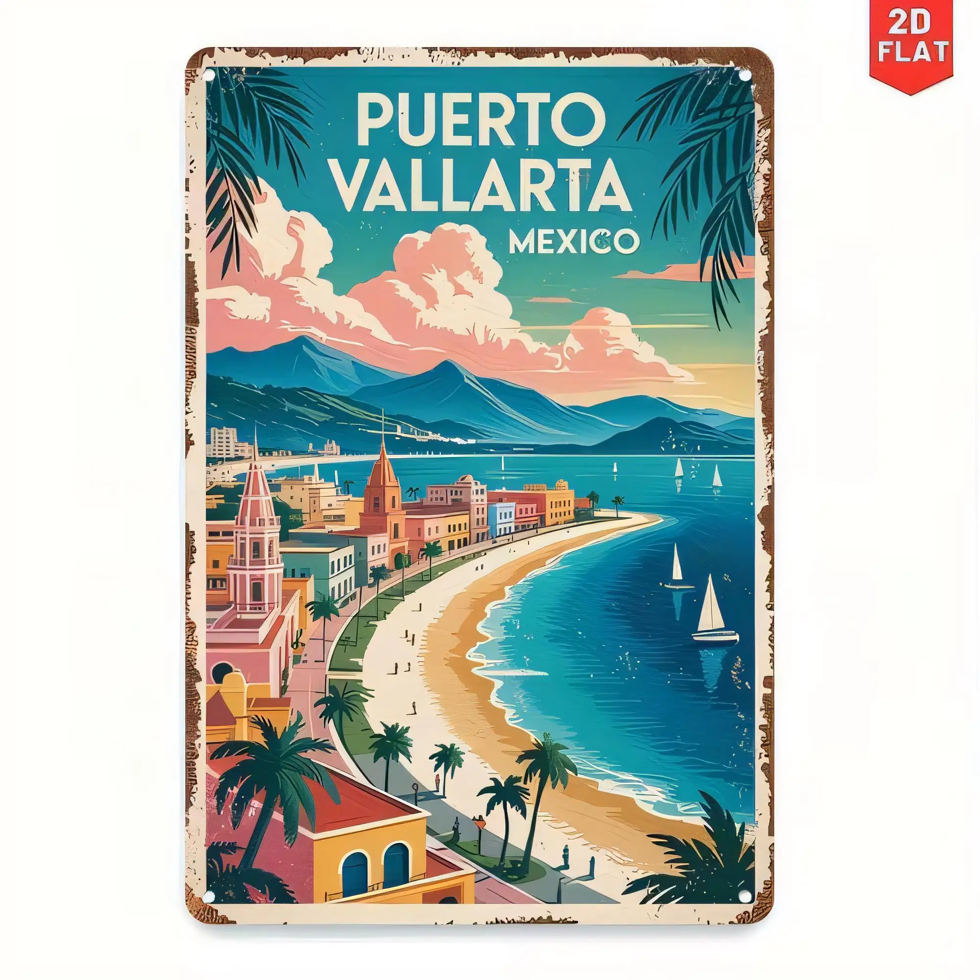 Tin Sign Puerto Vallarta Mexico Beach Vintage Travel Metal Decor Wall Plaque 2D Flat Retro Poster Artwork for Bar Pub Cafe Home