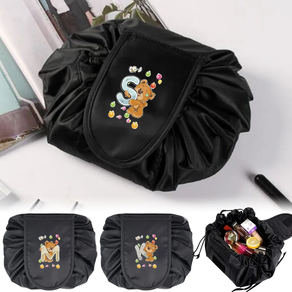

Women Drawstring Cosmetic Bag 1pc Black Beauty Case Drawstring Closure Bear Series Makeup Storage Bag Lazy Makeup Pouch