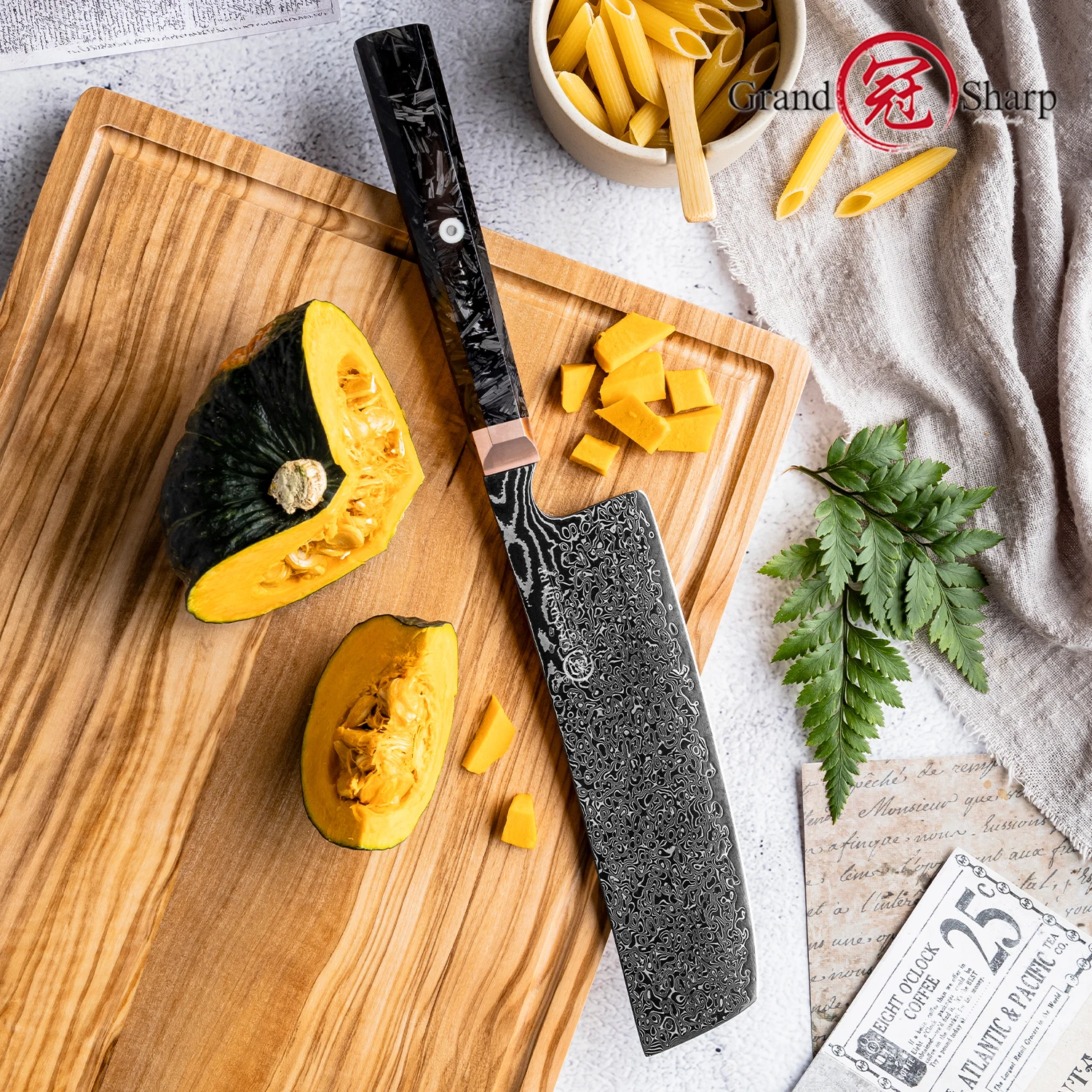 Cuchillo Grandsharp Nakiri de 6,7 ", cuchillo de cocina de Chef de acero damasco de 67 capas, refuerzo de cobre con núcleo 10CR15COMOV + mango de fibra de carbono