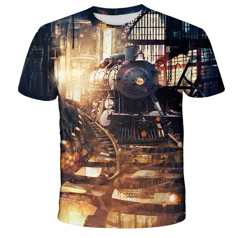 Vintage Train Locomotive T-shirts 3D Print Summer Streetwear Crew Neck Short Sleeve TShirt Oversized Men Women kids Tops Tees