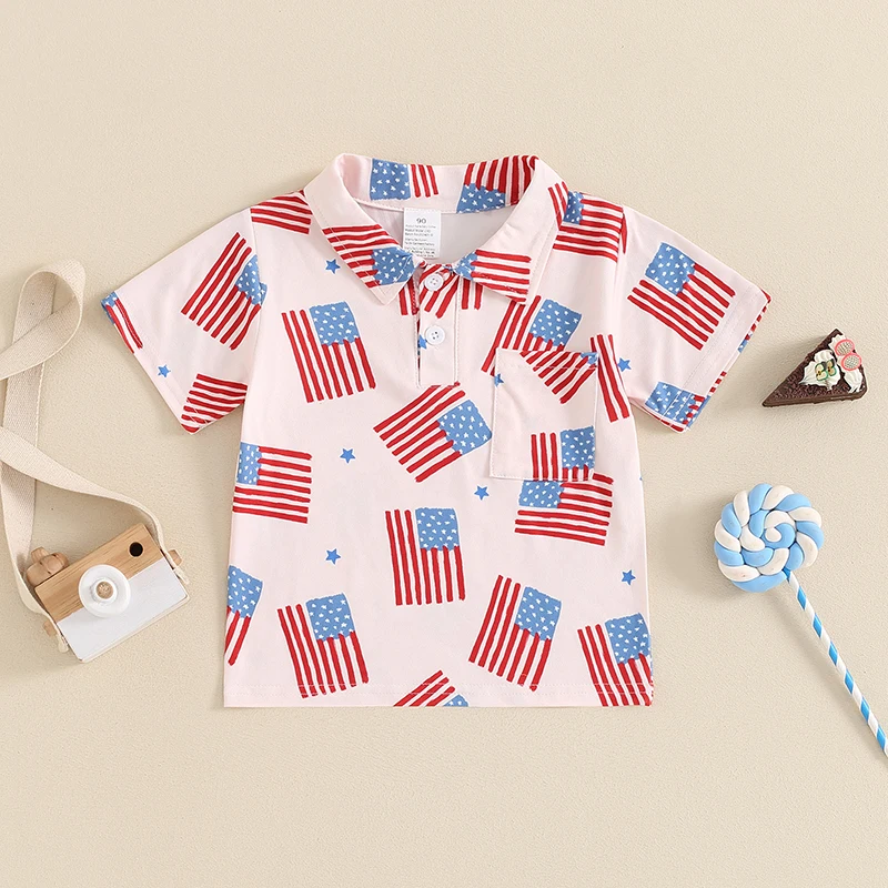 

2024-03-19 Lioraitiin 1-6Y Toddler Kids Boy Button down T-Shirts Casual 4th of July Flag Print Cute Tops Summer Clothes