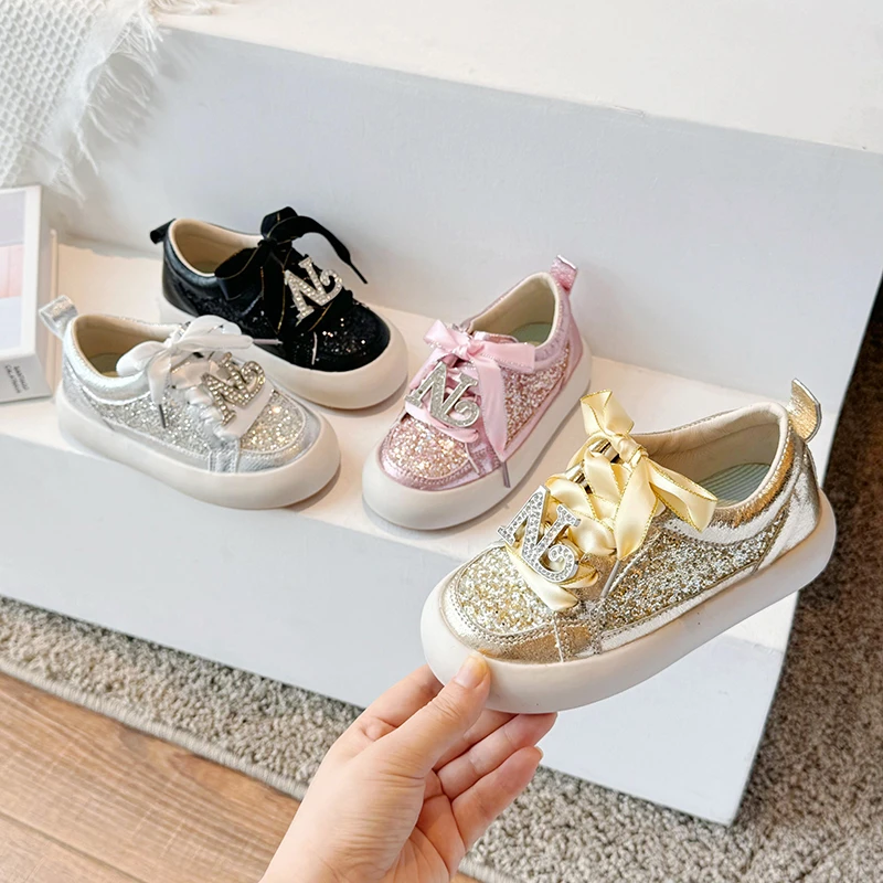 Children Sports Shoes Little Girls Rhinestone Sequin Casual Shoes Soft Sole Fashion Kids Shiny Running Shoes Anti-Slippery