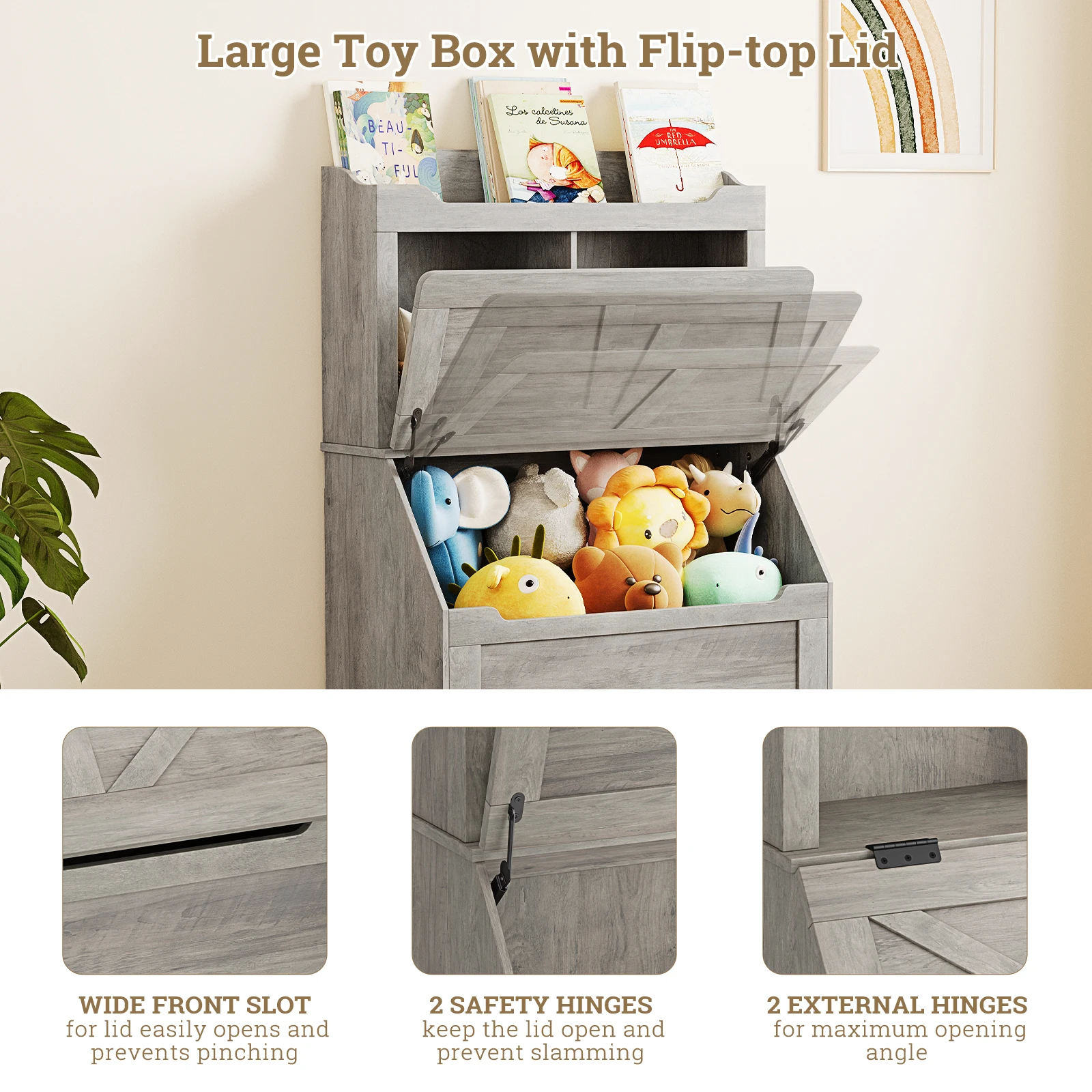 رف كتب للأطفال ومنظم تخزين الألعاب صندوق ألعاب خشبي كبير مع غطاء قلاب ومقصورة لغرفة النوم وغرفة اللعب #6