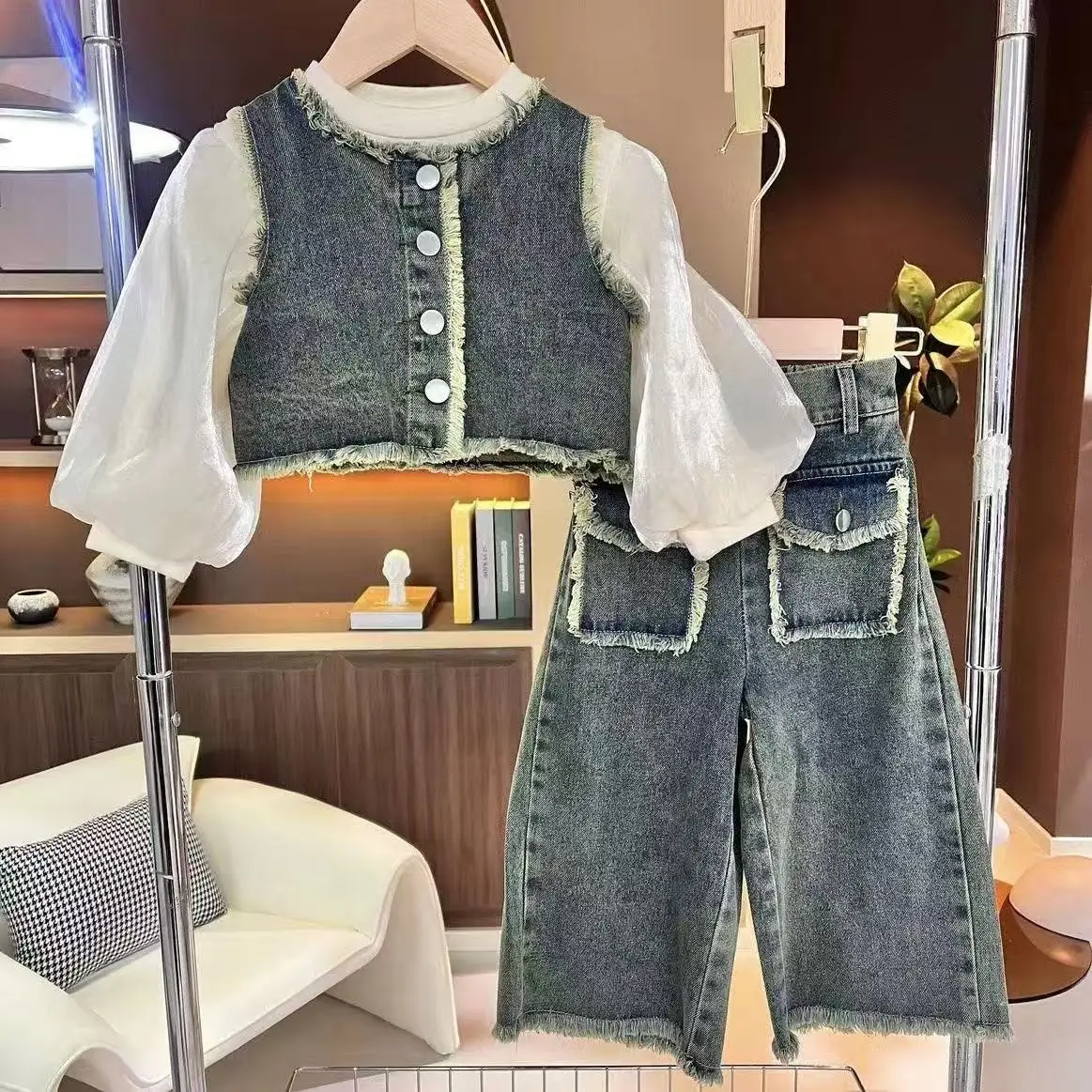 

Children's Clothing Sets Puffed Sleeve Base Shirt + Jeans Vest + Wide Leg Pants 3pcs Sets Baby Girl Outfit Set 90-150CM