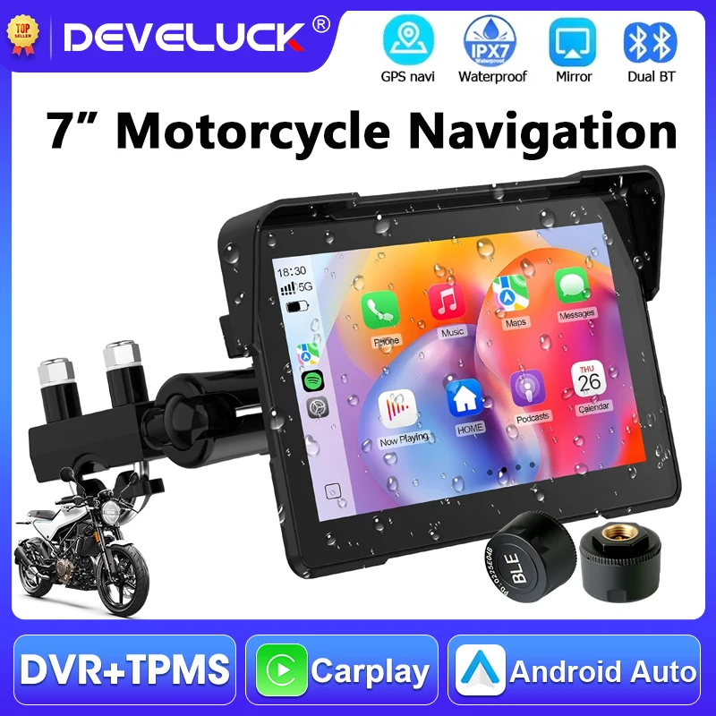 

7 inch Motorcycle Carplay Wireless CarPlay Android Auto Dual BT Moto GPS Navigation Support TPMS IPX7 Waterproof Touch Screen