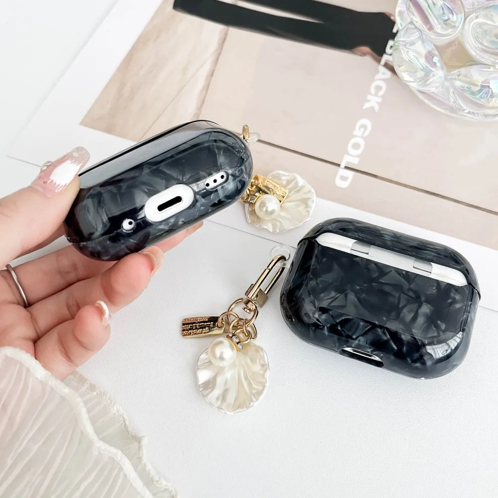 Black Shell Pattern Earphone Cover For AirPods 4 4th Generation 2024 ANC Case For Airpods 3 2 1 Pro 2 2nd Sleeve With Keychain view 5