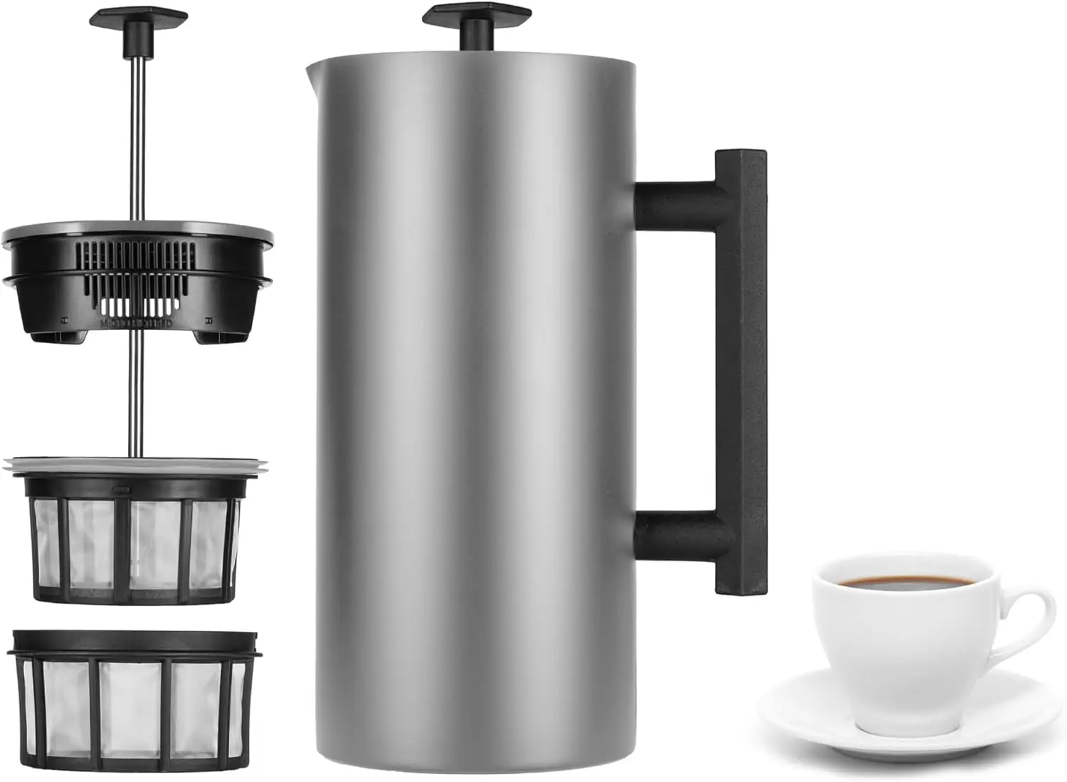 

P6 32 Ounces French Press Coffee Maker, Double Walled Stainless Steel Insulated, Brushed Stainless Steel
