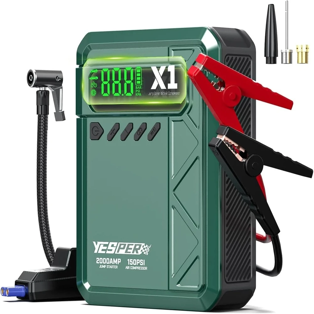 YESPER Portable Jump Starter 2000A 12V Car Battery Charger with Air Pump, Tire Inflator 150PSI Jump Box Booster LCD Display