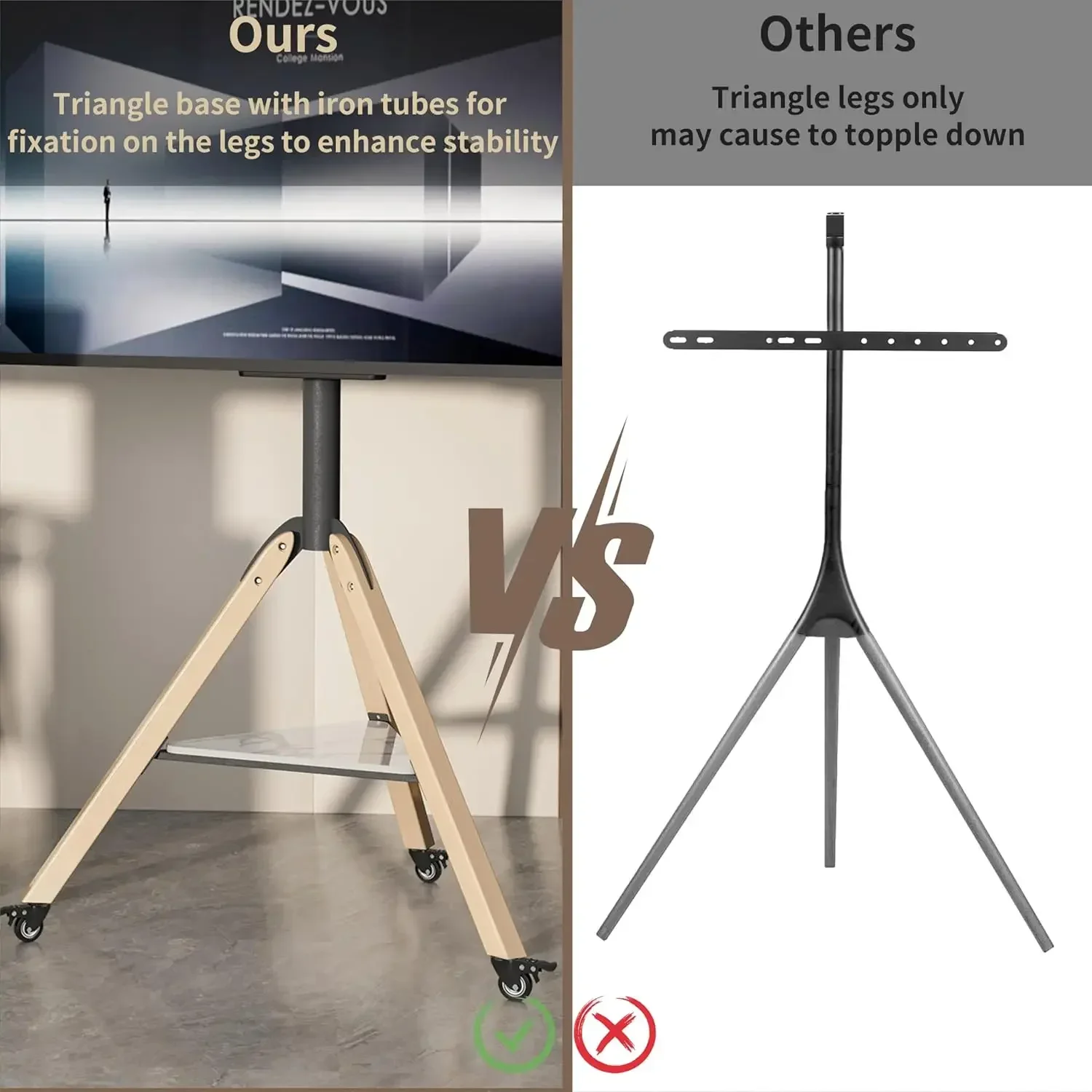 Corner tv Stand for 40 45 50 55 60 65 70 72 75 Inch LCD LED Flat Tripod Wood Floor TV Mount Stand with Wheels Max VESA600x400mm - view 3
