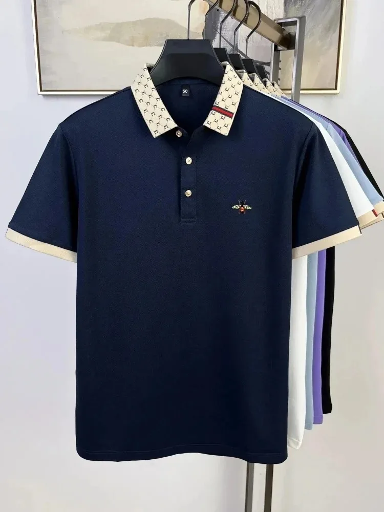 Leicht luxuriöses Marken-Poloshirt mit kurzen Ärmeln modische Bienen-Stickerei farblich abgesetzter Kragen T-Shirt Sommerneuheit lässige Herrenbekleidung – Detail 12