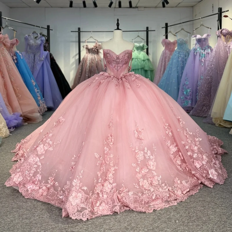 

Pink Shiny Ball Gown Quinceanera Dresses Applique Flower Beading Crystal Tull Corset Off Shoulder Sweet 16 Dress vestidos 15 de