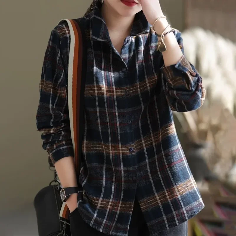 

Новая женская весенне-осенняя универсальная хлопковая клетчатая рубашка большого размера с длинными рукавами