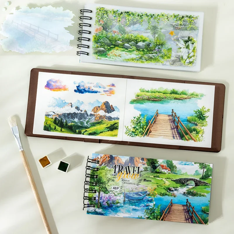 48pcs\Pack Scene Die-Cut PET Sticker Book Mountain Chase Series Watercolor Hand-Painted Stickers Journal Supplies Cute Stickers