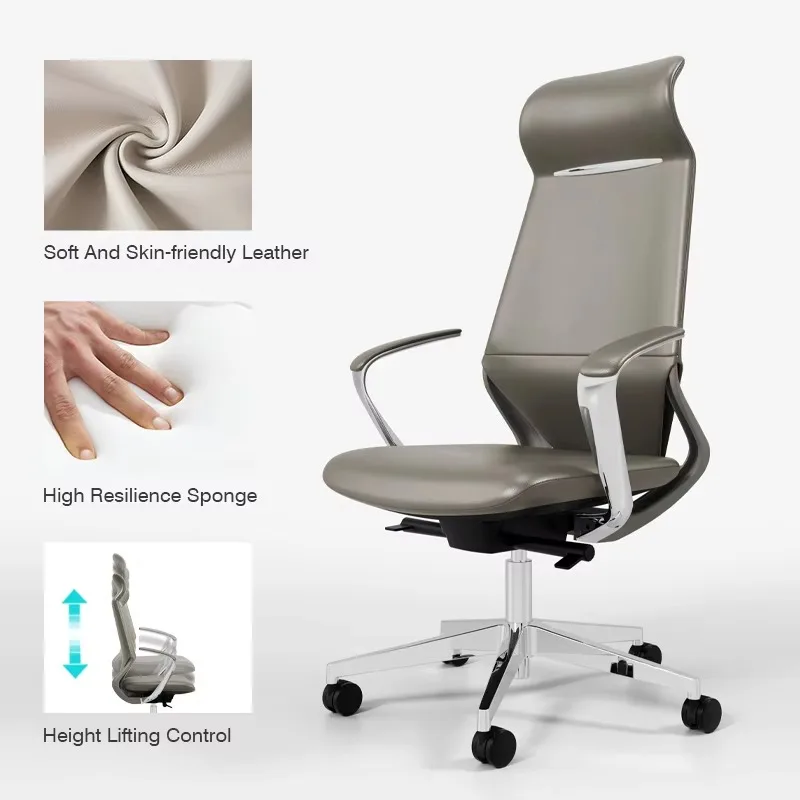 เก้าอี้สำนักงานหนังพนักพิงสูงฐานอลูมิเนียมอัลลอยด์ หมุนได้ พร้อมที่วางแขน สำหรับใช้ในบ้านหรือสำนักงานผู้บริหาร