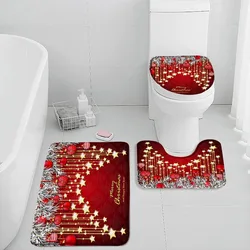 Red Christmas Bath Mat Set Silver Pine Branches Xmas Balls Stars Modern New Year Home Bathroom Decor Floor Rugs Toilet Lid Cover