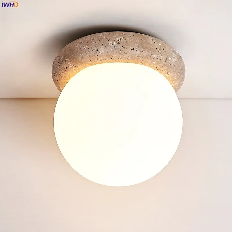 

IWHD White Glass Ball LED Ceiling Lamp Yellow Travertine Living Room Decor Bedroom Modern Nordic Ceiling Light Lampara De Techo