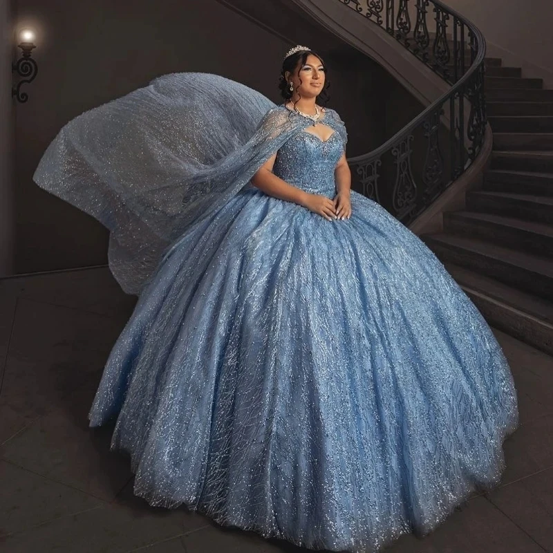 

Sky Blue Quinceanera Dresses for Sweet 16 Year With Cape Ball Gown Off the Shoulder Long Party Dress for Girl 15 vestido de xv