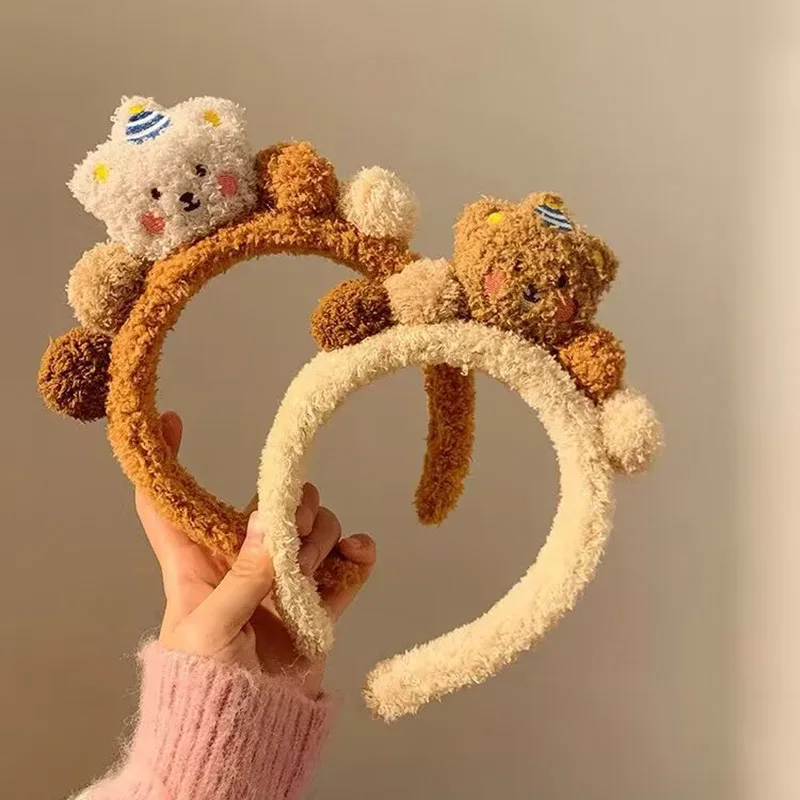 Cute Fluffy Cartoon Bear Fleece Headband Soft Fuzzy Non Slip Hairband For Women Girls Facial Washing Skincare Makeup Shower Love