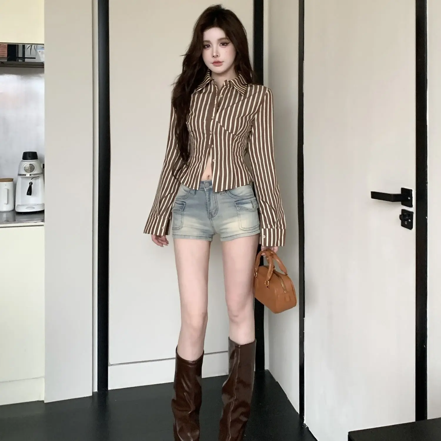 Retro Striped Shirt Button Long Sleeve New Fall Top Aesthetic Elegant Streetwear 2000s Casual Versatile