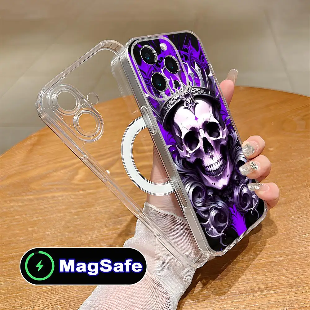 

Чехол для мобильного телефона с серебряным черепом для iPhone 17, 16, 15, 14, 13, 12, 11 Air Pro Max Plus Mini Magsafe, прозрачный цветной чехол