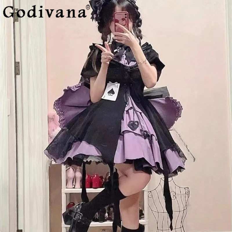 Girl New Year's Greeting Lolita Dress Black Cosplay Purple Fluffy Princess Dress Women's Short Sleeve Elegant Bow Dress