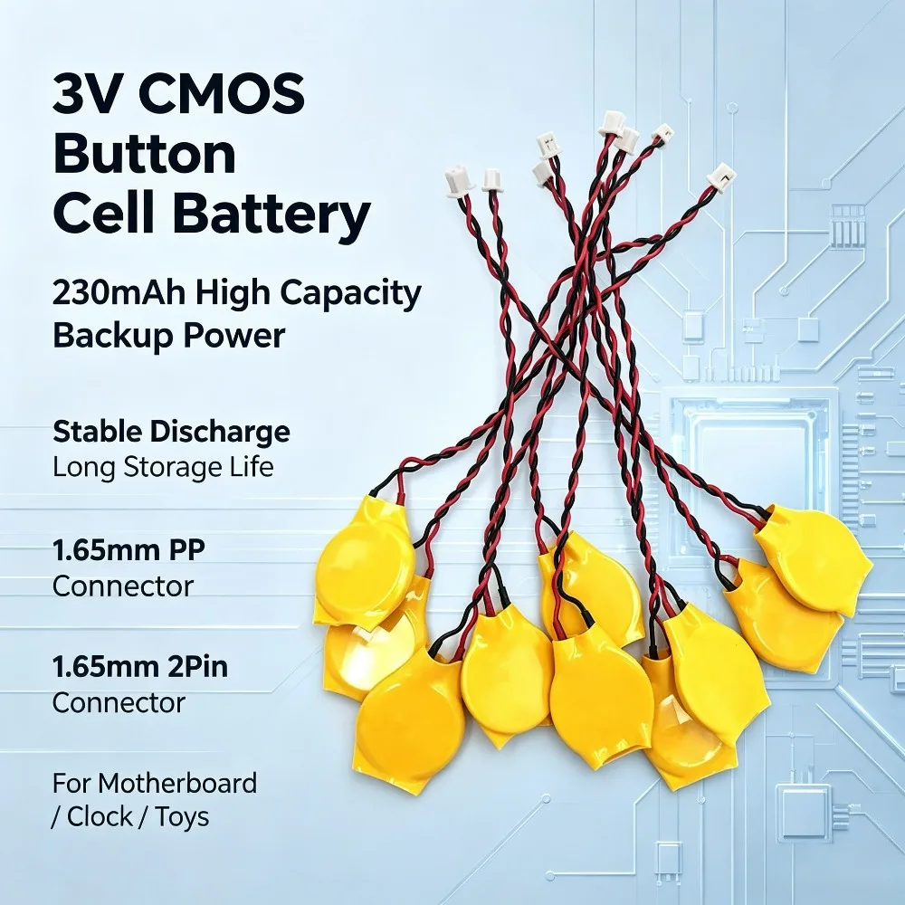 10-80PCS CR2032 3V 230mAh Battery 2Pin Wire With Adhesive, CMOS BIOS Backup Cell for Laptop & Notebook Motherboard