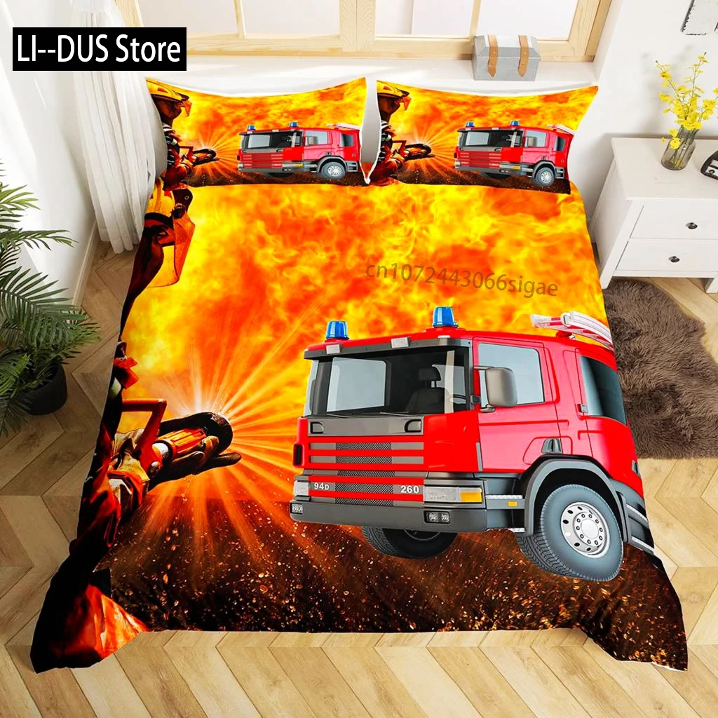 

Fire Truck Duvet Cover Set Twin Size Red Firemen Car Vehicle Bedding Set Fire Engine Pattern For Boys Tire Printing Quilt Cover
