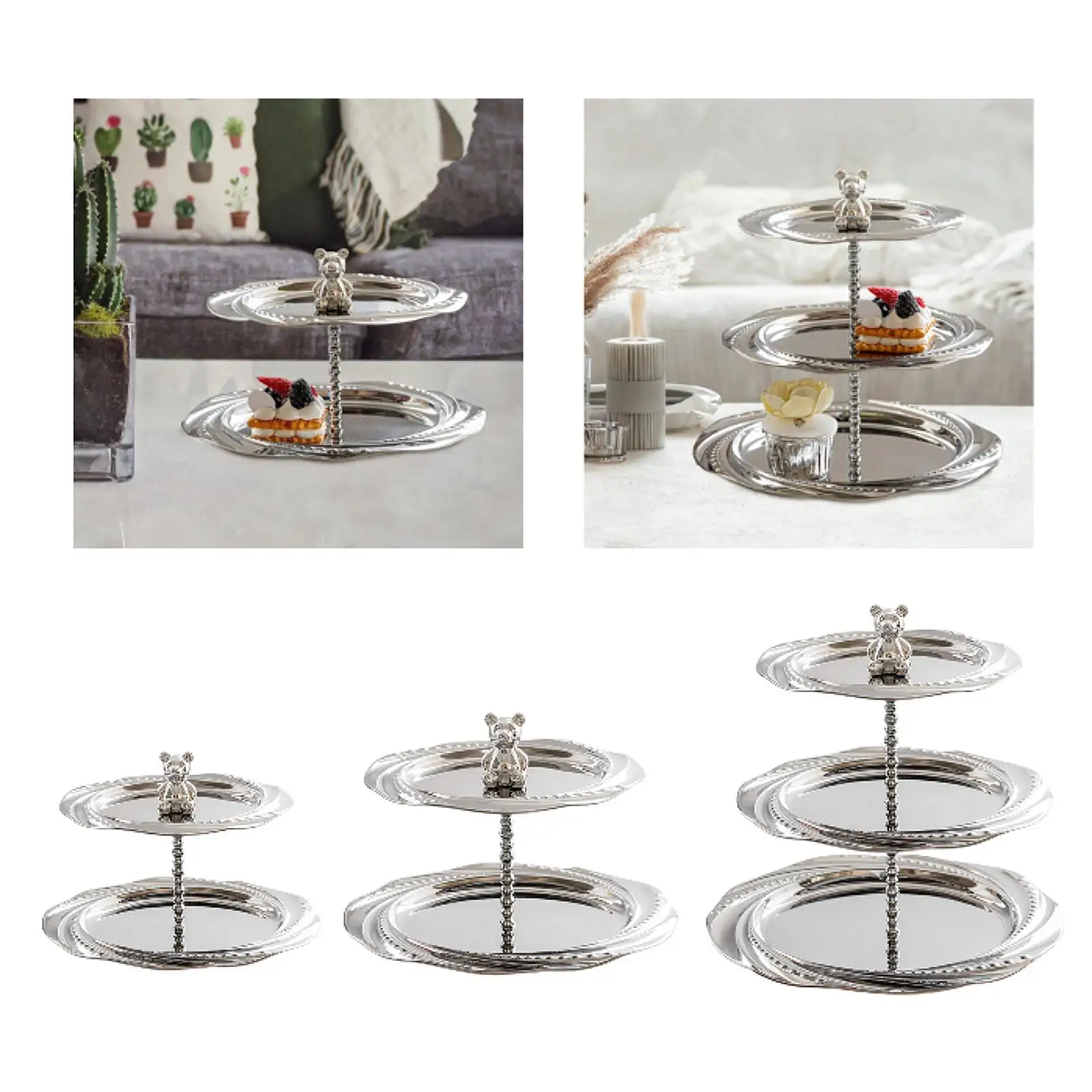 

Layered Cake Stand with Little Bear Figurine for Table Centerpiece Birthday