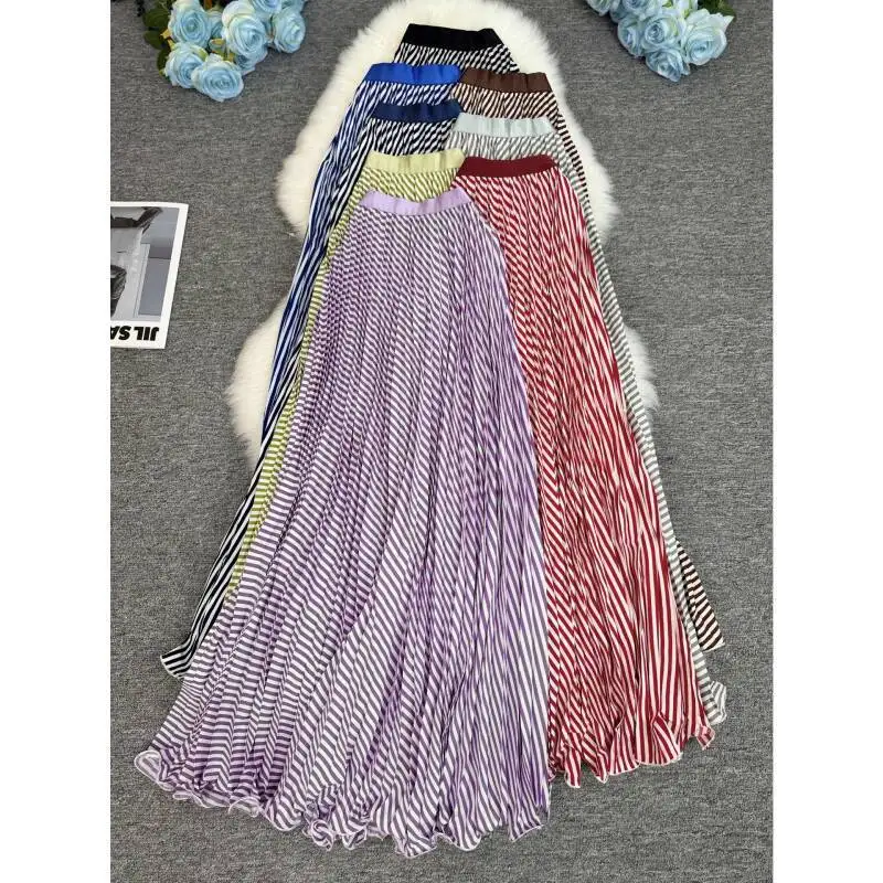 

95Cm Summer South African Striped Classic Versatile Slimming Pleated Long Skirt For Women