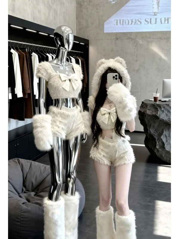 

Sweet Style Furry Hat High Waist Short Pants Set Women's Autumn Winter Fashion Cute Sexy Girl Pure Desire Plush Capsule Colle...