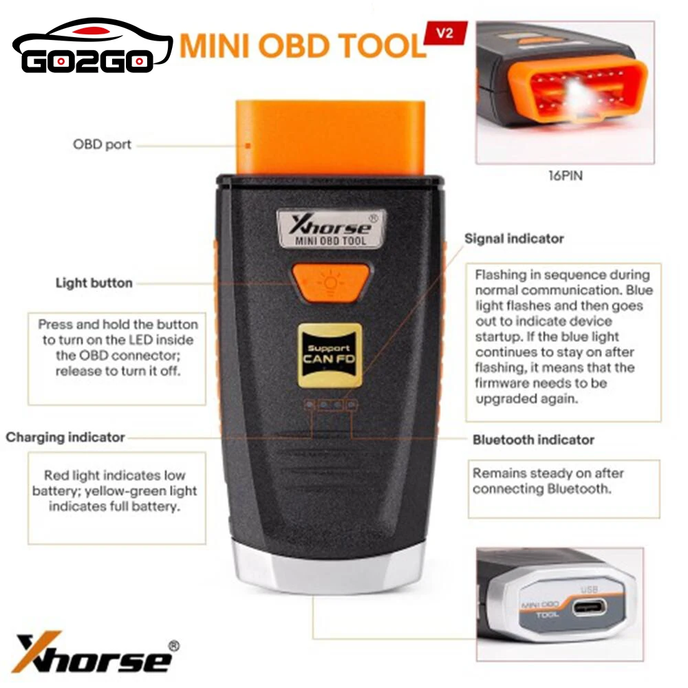 Xhorse Mini OBD Tool V2 XDMO20 Newly Supports CANFD Protocol / LED light / 8A IMMO Box All Key Lost