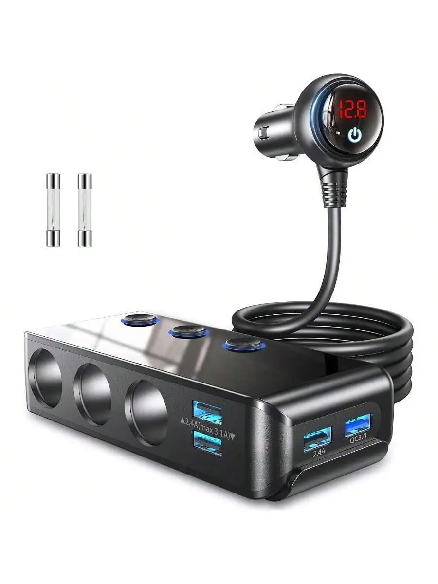 

Car Power Adapter With LED Voltage Display 3 Cigarette Lighter Sockets 4 USB Ports Quick Charge